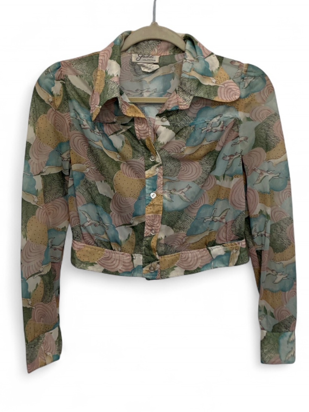 Vintage Bird Graphics Patterned Button-Up Crop Long Sleeve Shirt
